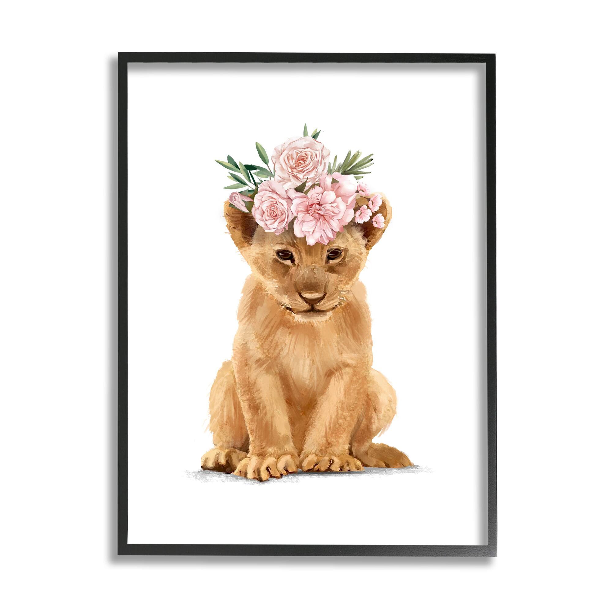 Stupell Industries Boho Rose Floral Crown Lion Cub Wall Art in Black Frame